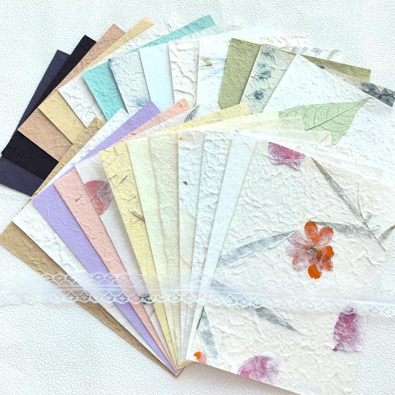 Flartmo 25 Desingns Handmade Textured Paper, 8.2"x5.9" Thick Mulberry Paper with Real Botanical, Multicolor Embossed Craft Sheets for Card Making, Scrapbooking, Junk journal, Invitations, Watercolor, Printing - Image 1